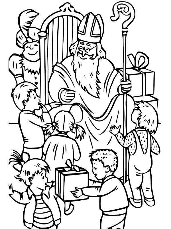 Kinder mit dem heiligen Nikolaus Ausmalbild