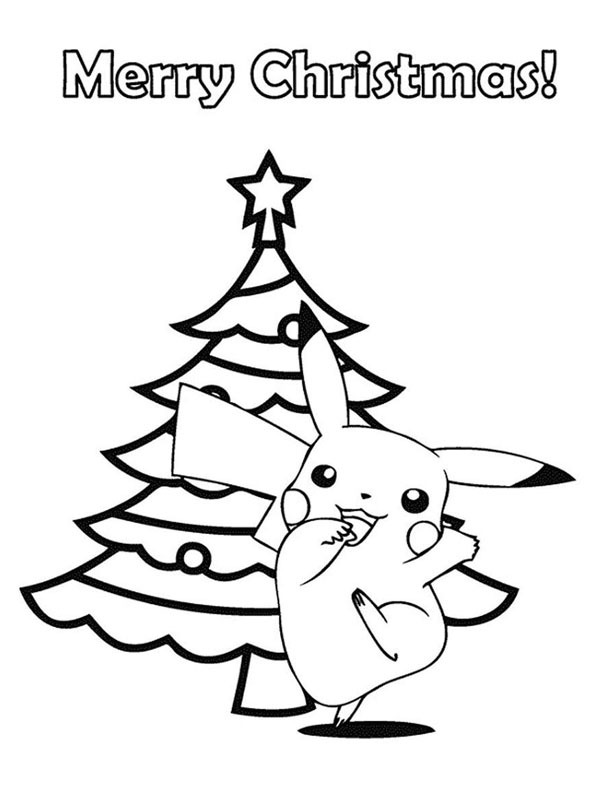 Pikachu am Weihnachtsbaum Ausmalbild